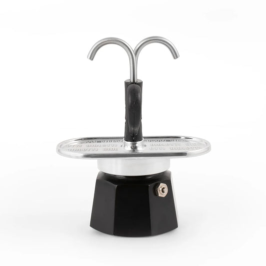 Cafetera moka mini Express Bialetti, cuerpo negro y tapa de acero, 2 surtidores