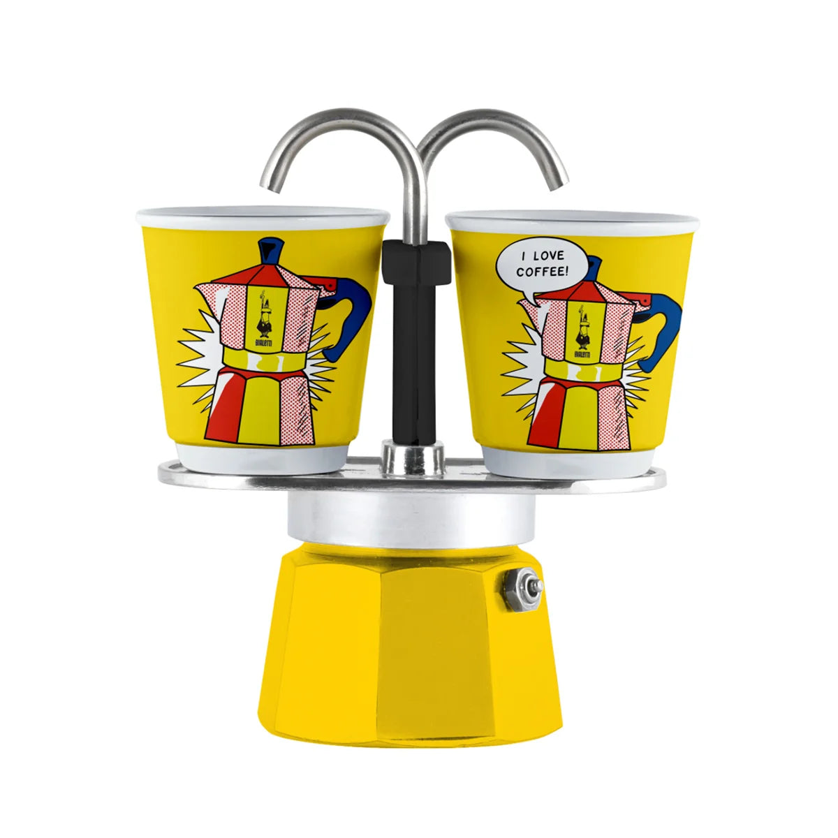 Cafetera moka mini con dos vasos de color amarillo, asas curvas y base esmaltada