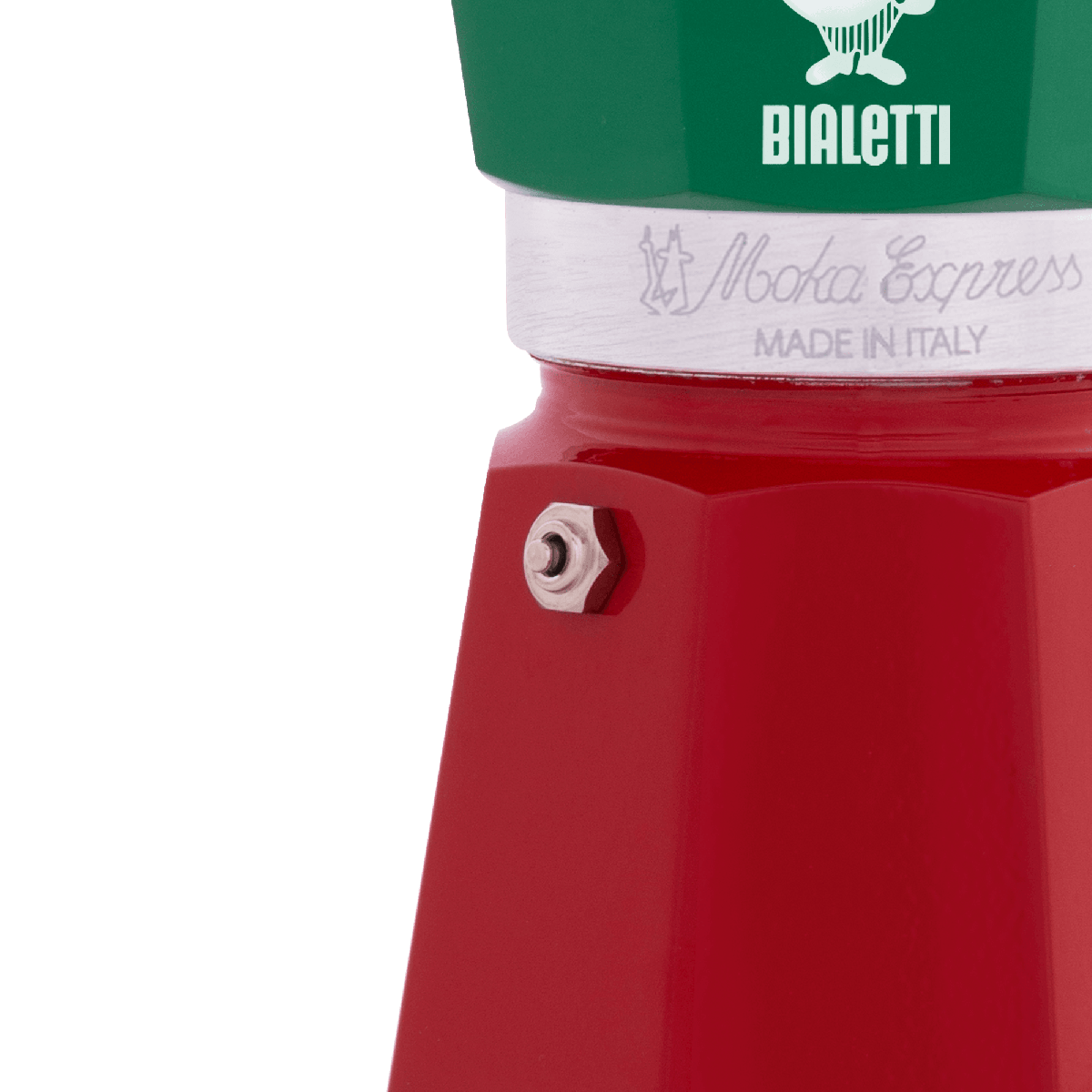 Cafetera moka tricolor: detalle del cuerpo rojo y anclaje del cierre
