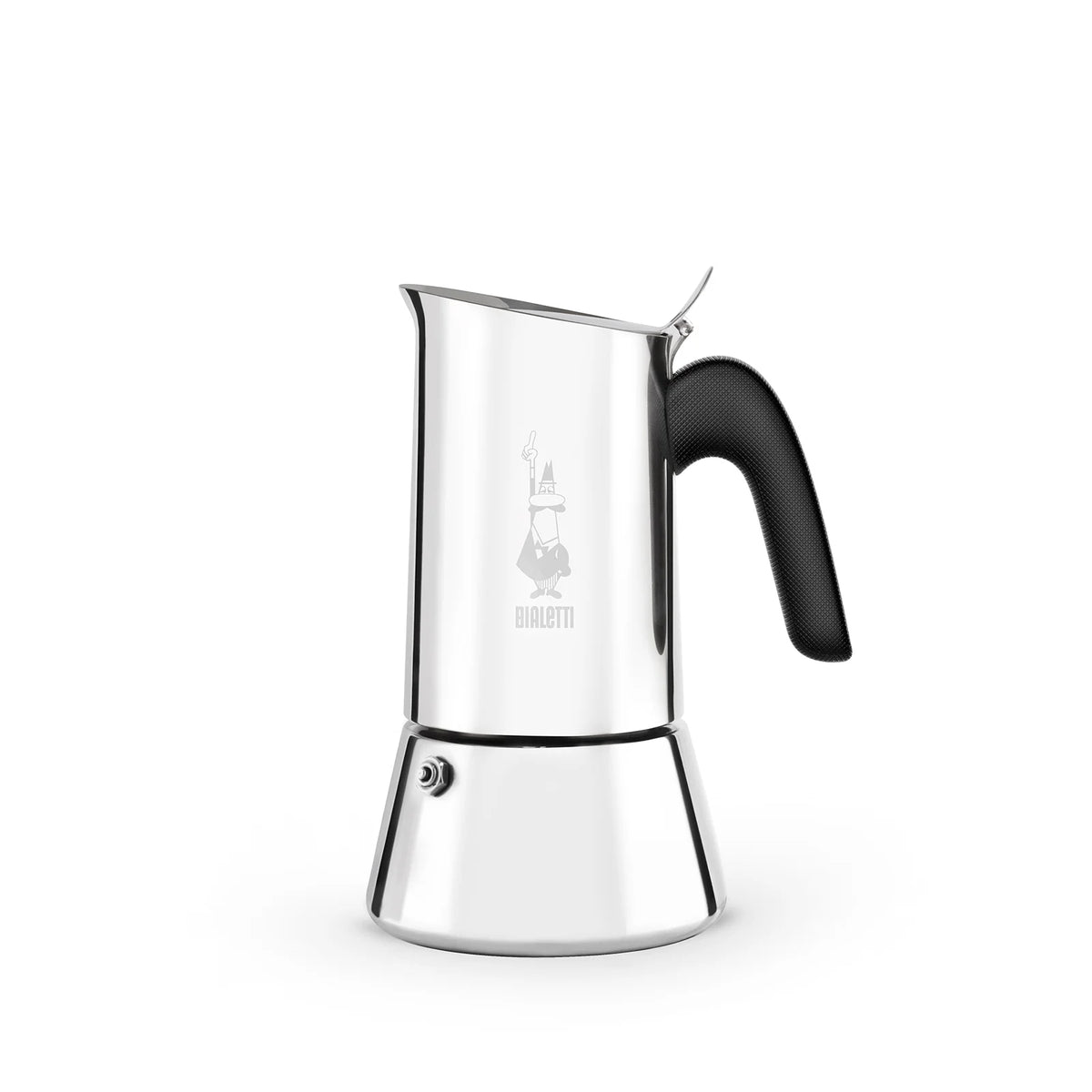 Cafetera italiana Venus Bialetti de acero pulido con asa negra y vertedor