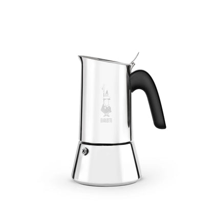 Cafetera italiana Venus Bialetti de acero pulido con asa negra y vertedor