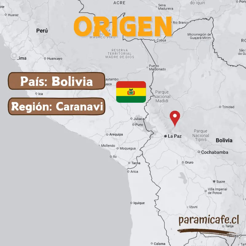 Mapa de origen del café con marcador en Bolivia y región Caranavi