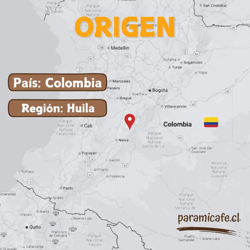 Mapa de origen: Colombia, región Huila, con logotipo piramicafe.com