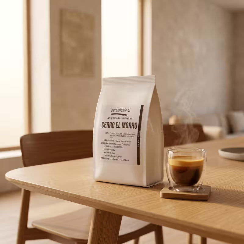 Bolsa de café molido 250 g, empaque blanco, vista lateral.
