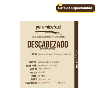 Detalle etiqueta Bolsa de café molido especialidad Caturra Colombia, piramicafe.com, 250 g