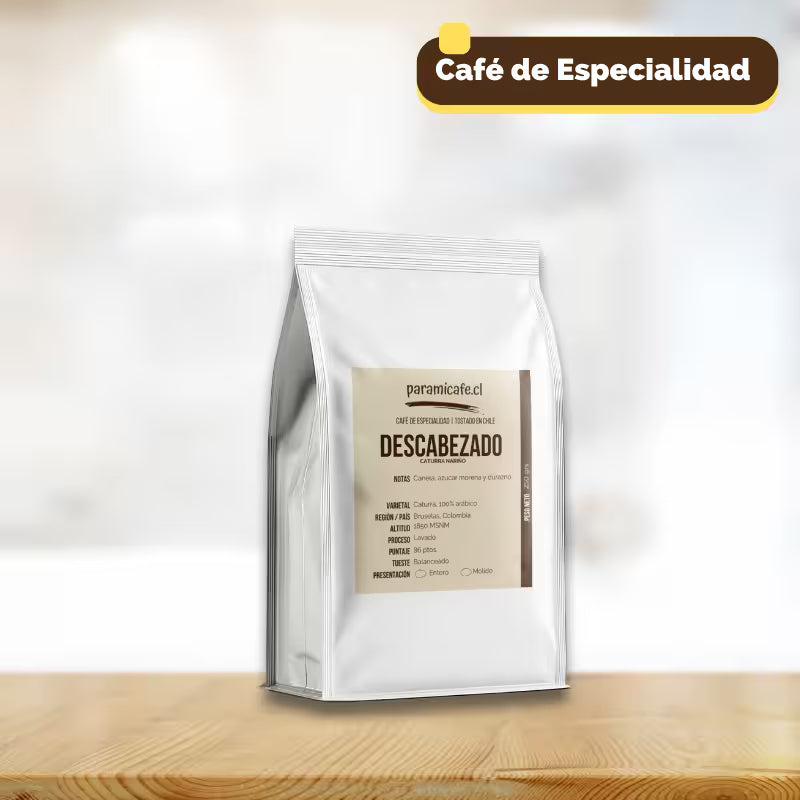 Bolsa de café molido especialidad Caturra Colombia Descabezado, empaque blanco con etiqueta piramicafe.com