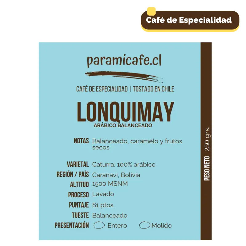 Bolsa de café Lonquimay 250 g, 100% arábica Caturra, tostado en Chile