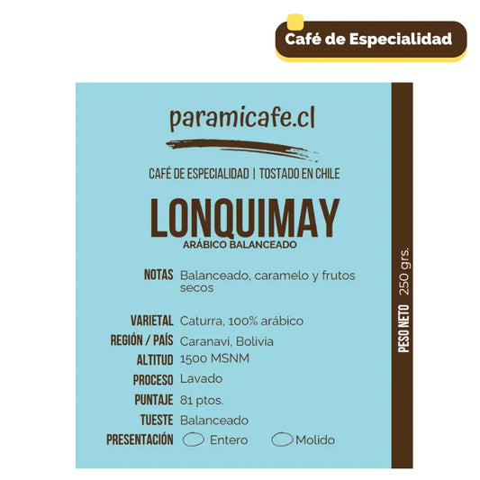 Bolsa de café Lonquimay 250 g, 100% arábica Caturra, tostado en Chile