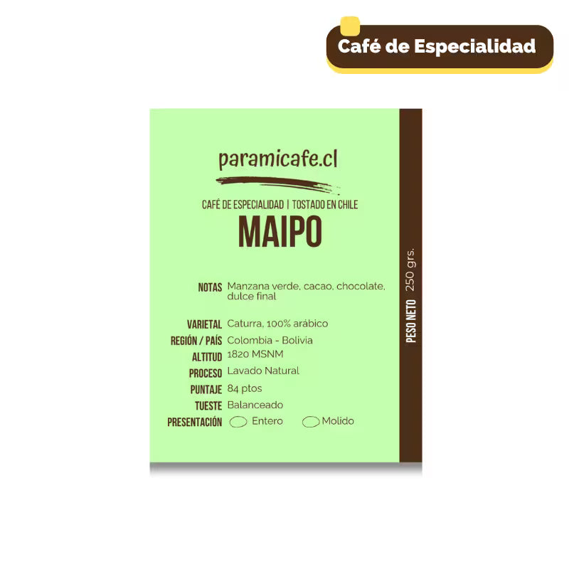 Etiqueta de bolsa de café Maipo, verde, café de especialidad, 100% arábica