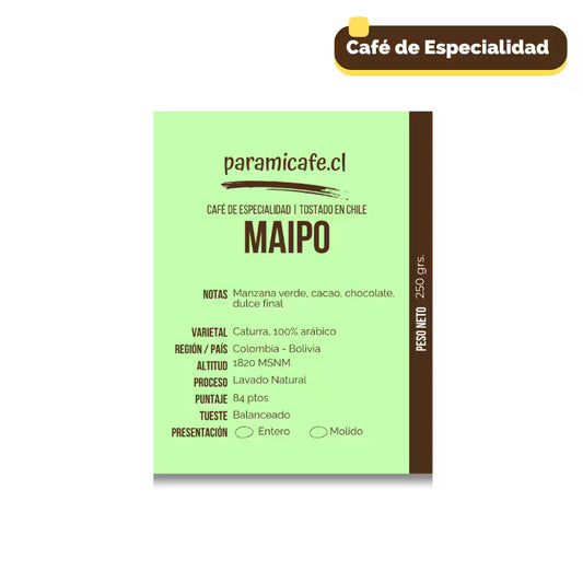 Etiqueta de bolsa de café Maipo, verde, café de especialidad, 100% arábica