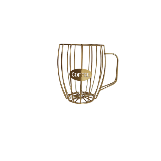 Porta cápsulas de taza de café de malla metálica dorada con asa