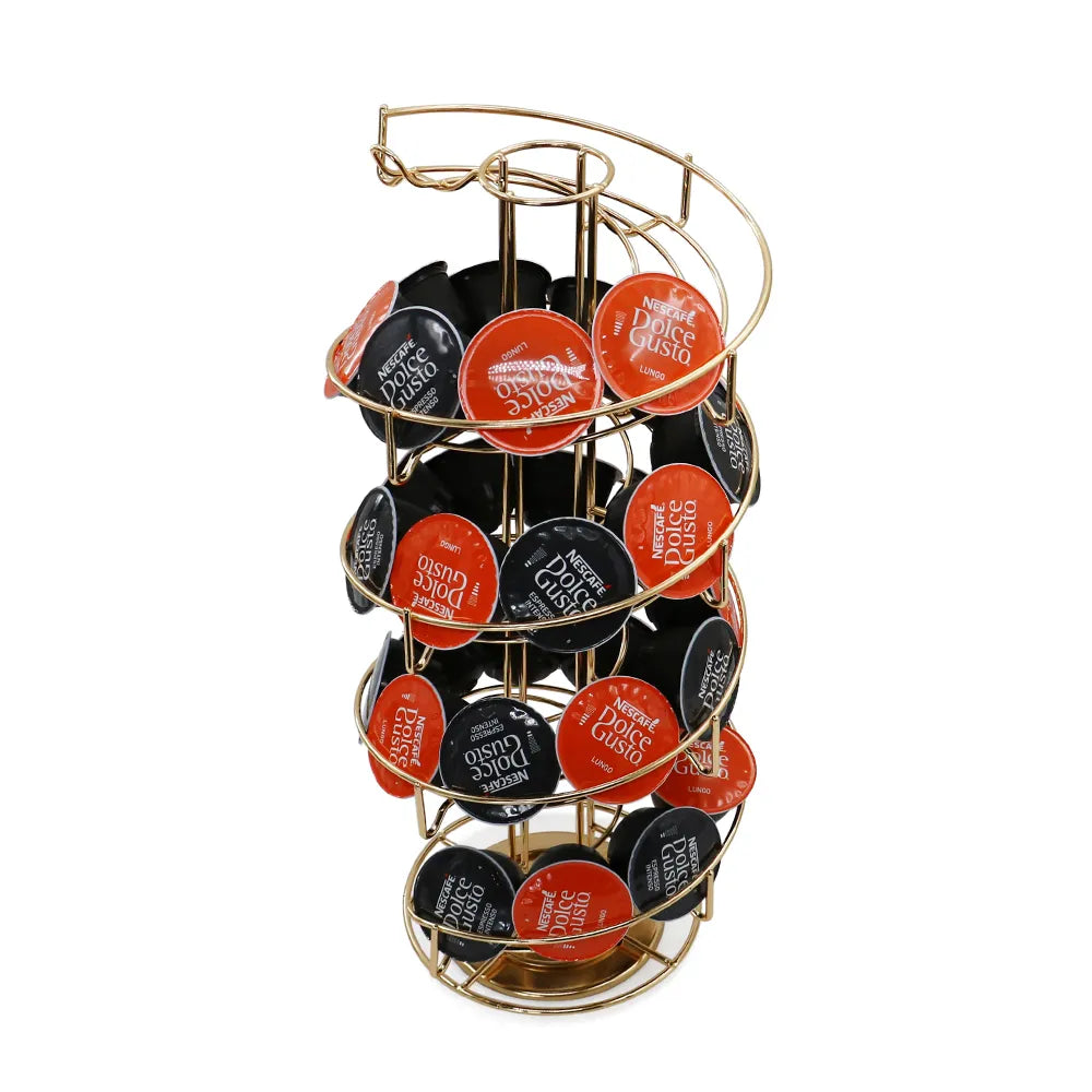 Porta cápsulas giratorio de metal dorado con base redonda y compartimentos Dolce Gusto