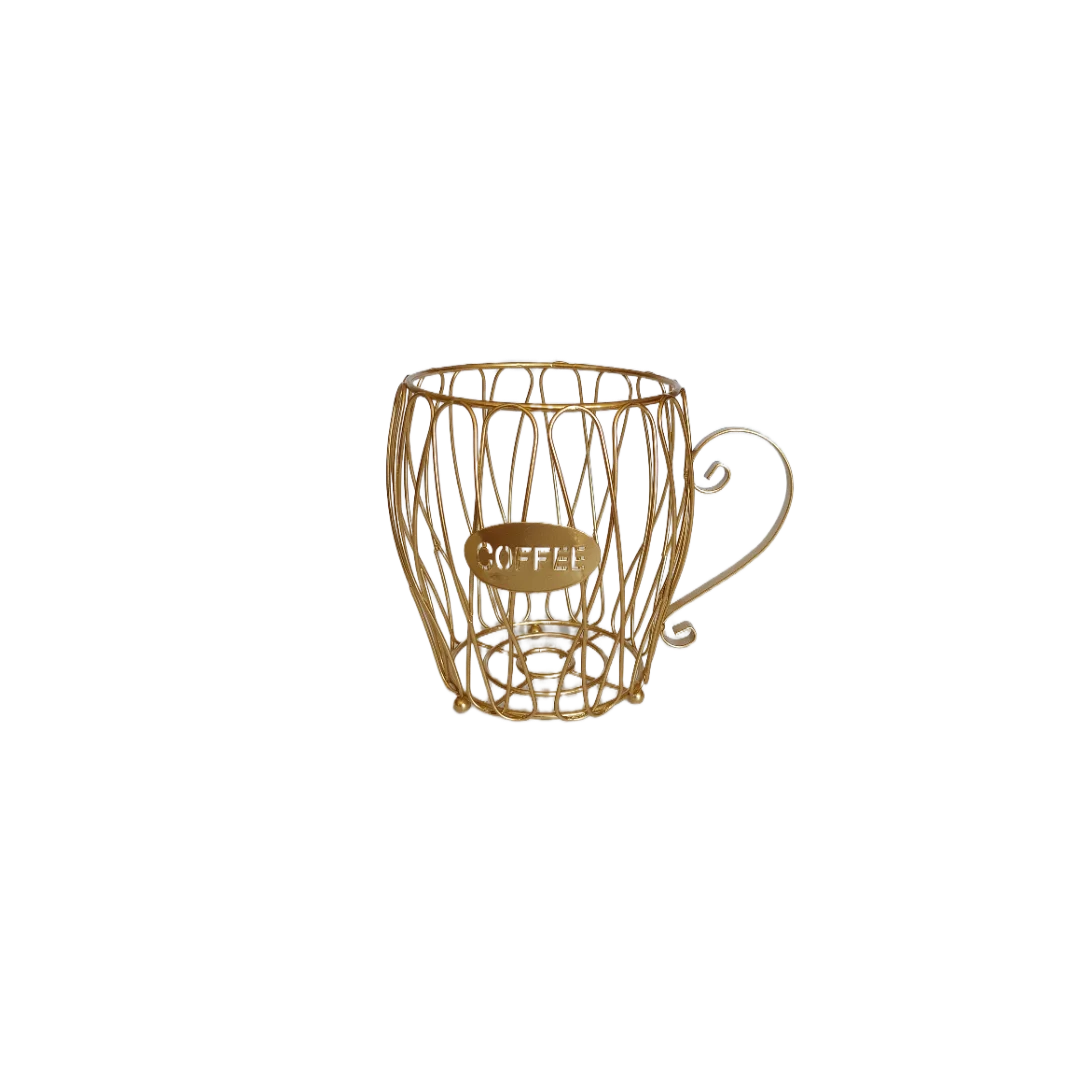 Porta cápsulas de taza de café de malla metálica dorada con asa y tapa