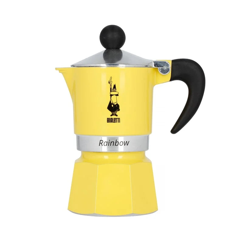 Cafetera tipo moka Rainbow amarilla con tapa plateada y asa negra curvada