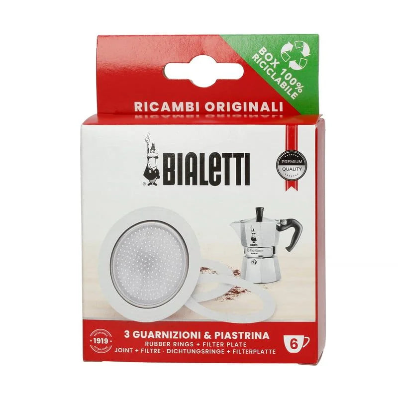 Caja de repuesto Bialetti con filtro circular perforado y aro de junta de goma