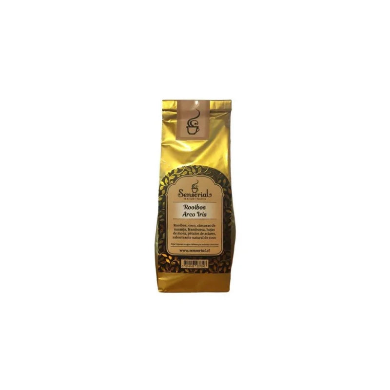 Infusión Sensorial Rooibos Arco Iris en bolsa, color dorado con etiqueta verde