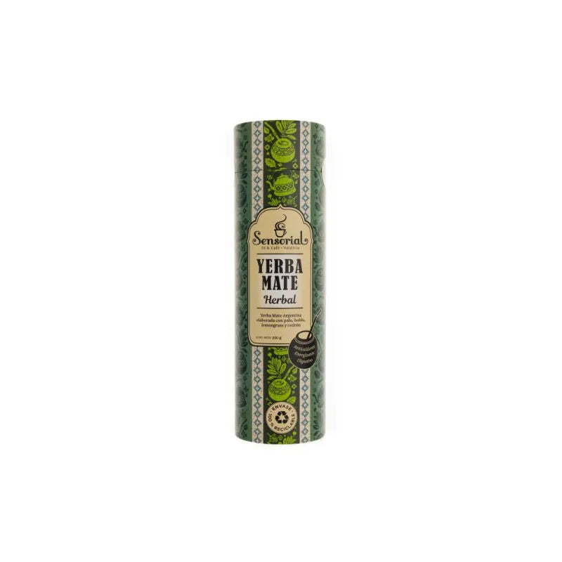 Tarro de yerba mate Sensorial Herbal, envase cilíndrico verde, 250 g