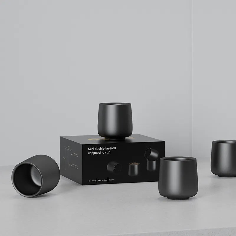Juego de vasos de cerámica negros de doble pared, 150 ml, con caja.