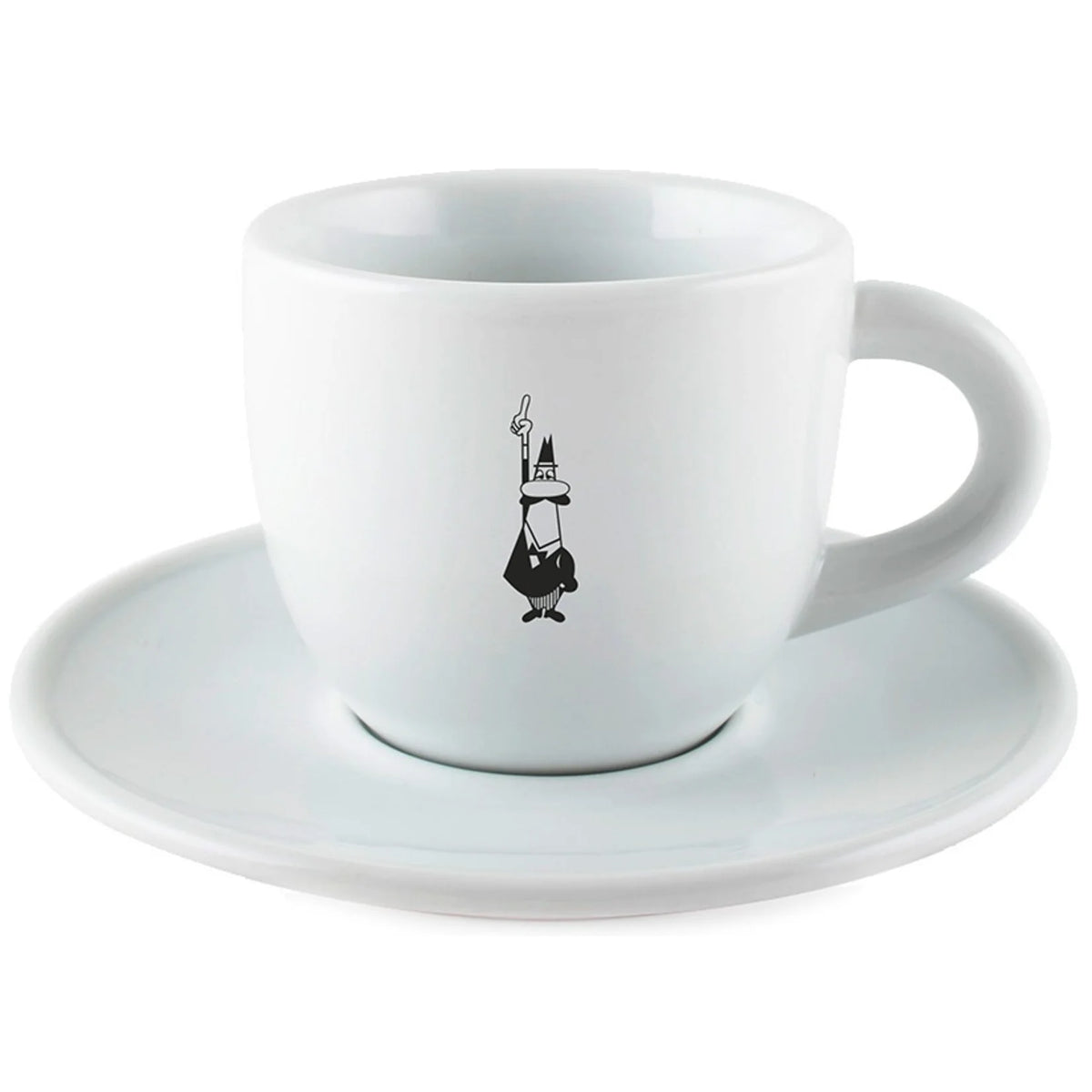 Taza de porcelana blanca para capuchino con icono Bialetti y plato a juego