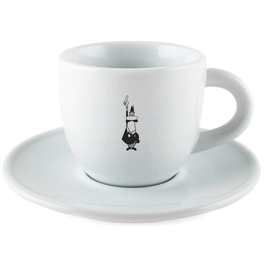 Taza de porcelana blanca para capuchino con icono Bialetti y plato a juego
