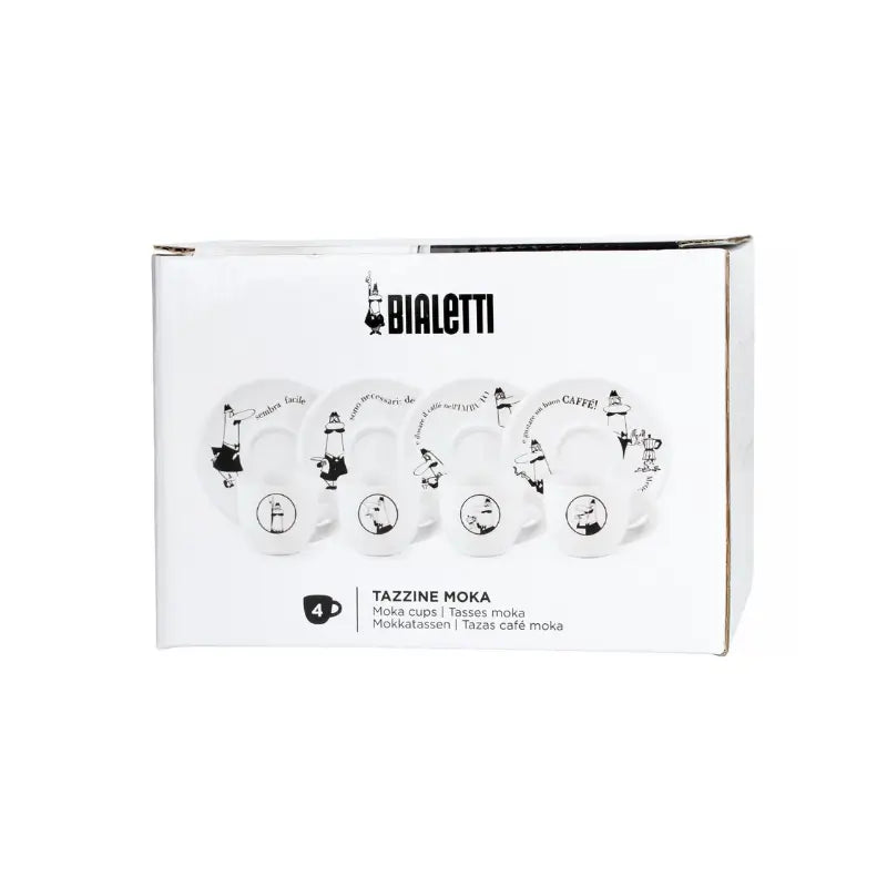 Caja del set de 4 tazas moka Bialetti Carosello con ilustraciones y texto