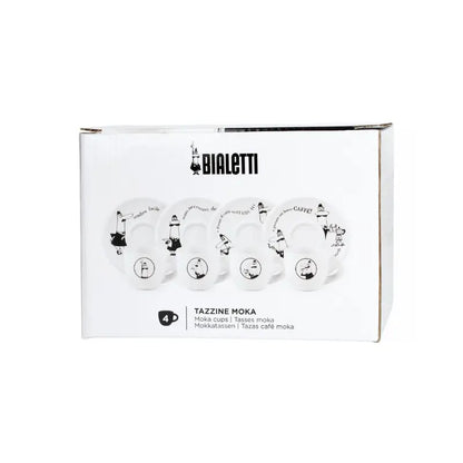 Caja del set de 4 tazas moka Bialetti Carosello con ilustraciones y texto