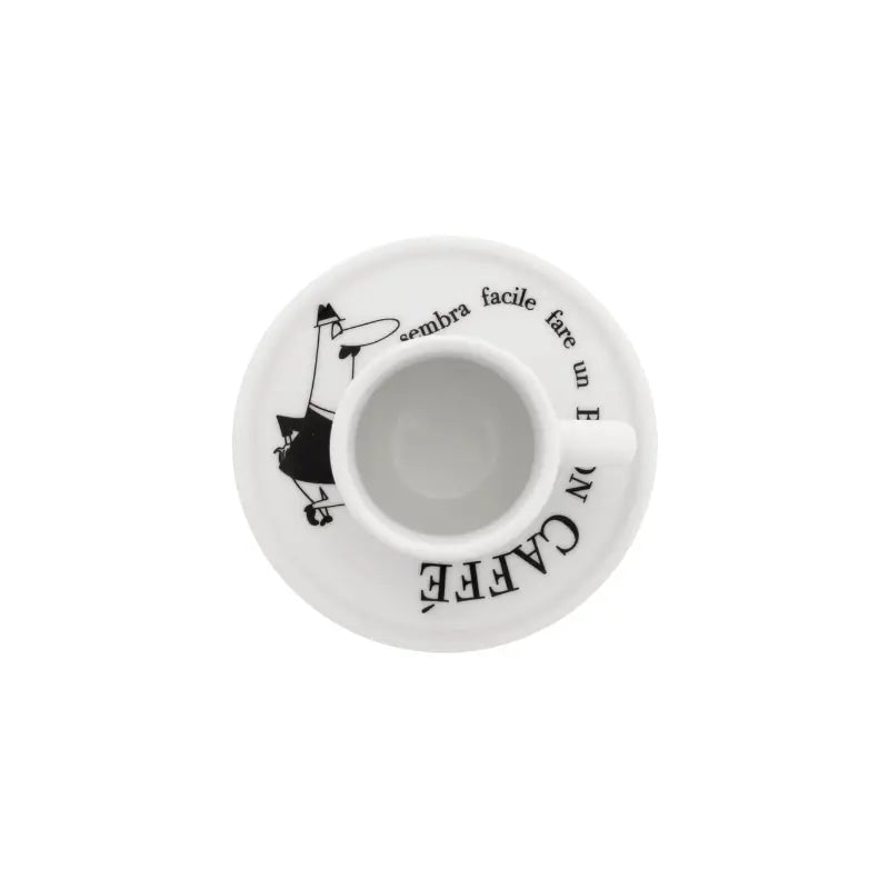Detalle plato y taza moka por dentro, blanco, con figuras y texto en negro