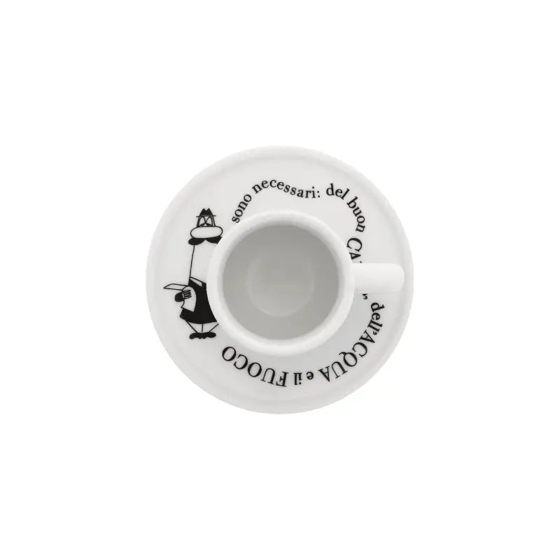 Detalle plato y taza moka por dentro, blanco, con figuras y texto en negro