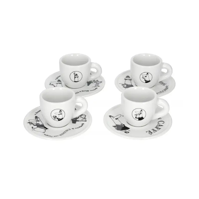 Set de 4 tazas moka Bialetti Carosello con platos blancos y diseño