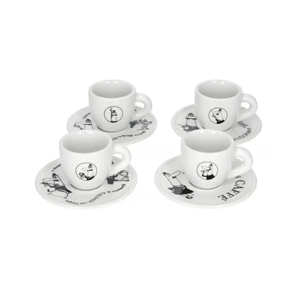 Set de 4 tazas moka Bialetti Carosello con platos blancos y diseño