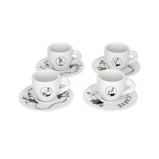 Set de 4 tazas moka Bialetti Carosello con platos blancos y diseño