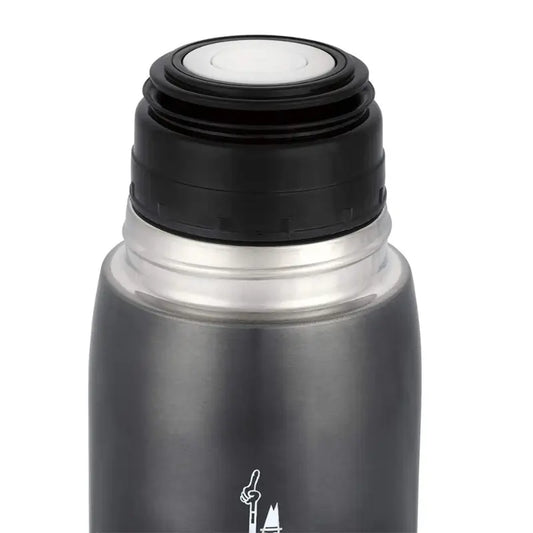 Termo térmico Bialetti gris oscuro con tapa superior, vista cercana del cierre.