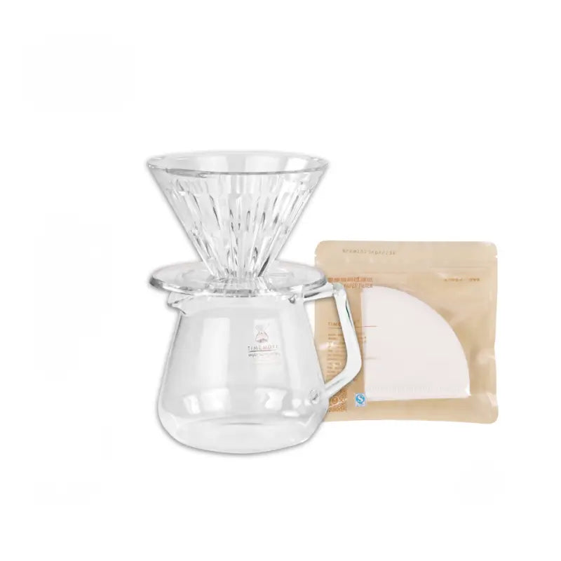 Conjunto de cafetera de goteo transparente: embudo sobre base de vidrio y bolsa de repuesto