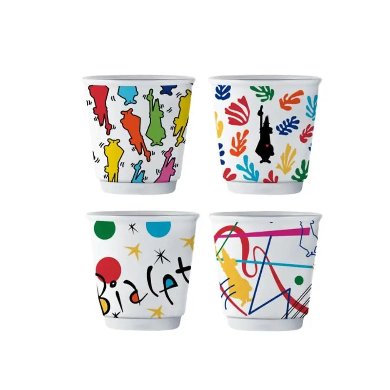 Set de 4 vasos de espresso Bialetti de cerámica blanca con diseño colorido abstracto