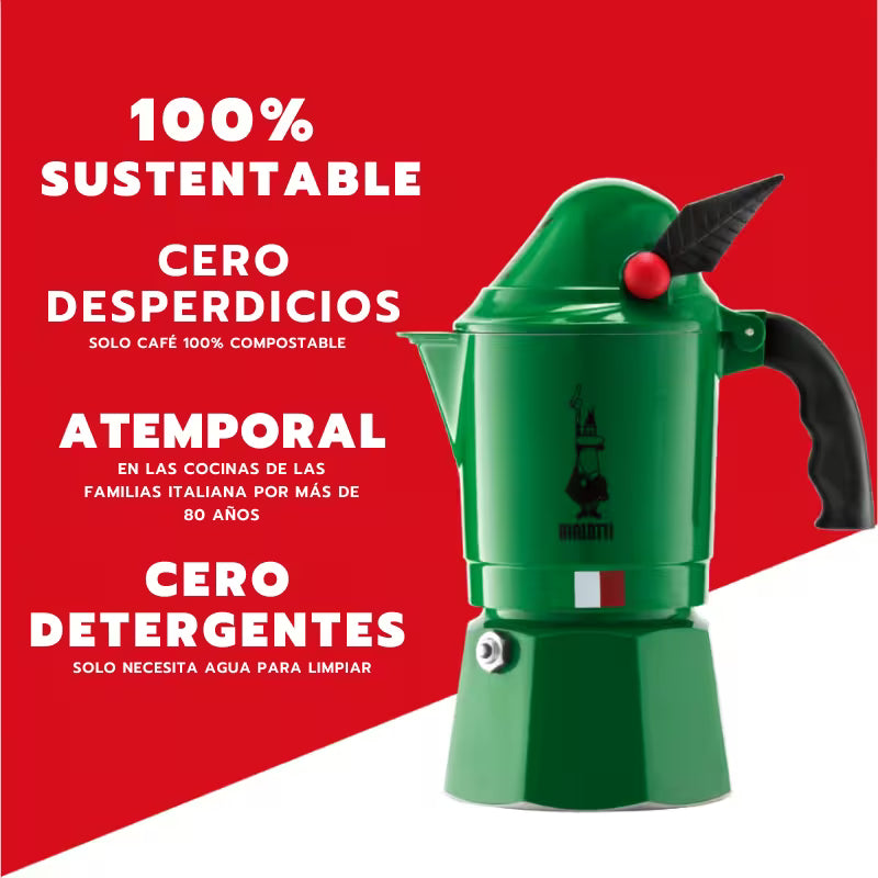 Cafetera moka Bialetti Alpina verde con asa negra y botón rojo, 3 tazas.