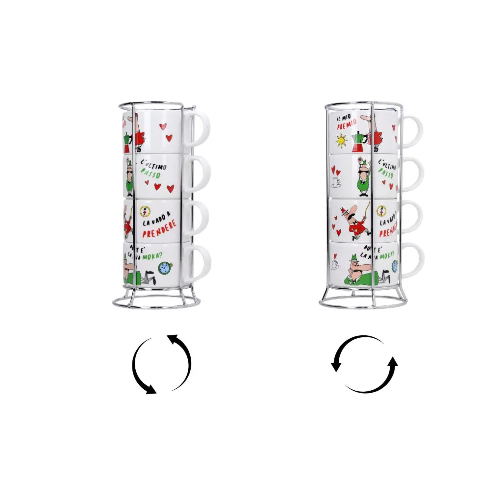 Juego de 4 tazas capuchino con asas e ilustraciones, en soporte metálico