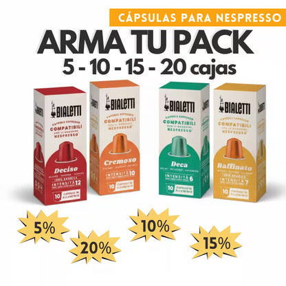 Pack de cápsulas compatibles Nespresso: cajas Deciso, Cremoso, Descafeinado y Raffinato