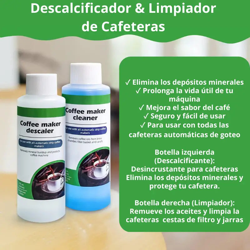 Botellas para descalcificar y limpiar cafeteras, con tapón blanco y etiquetas verdes/azules