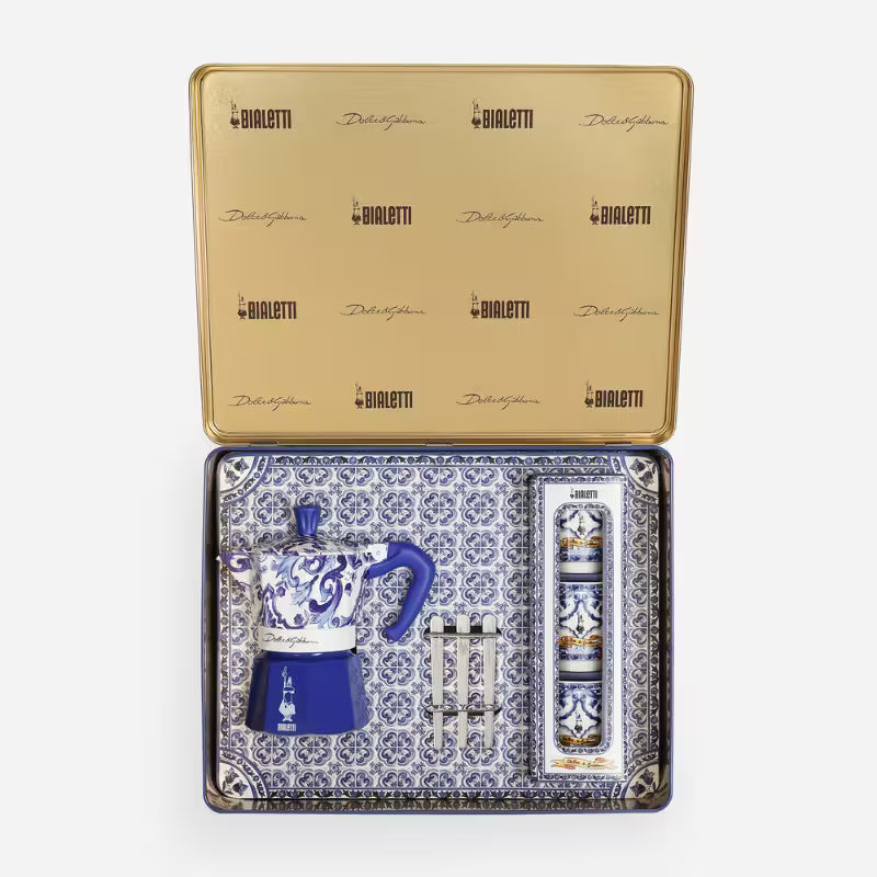 Set Bialetti x Dolce & Gabbana Blu vista frontal de la caja oficial