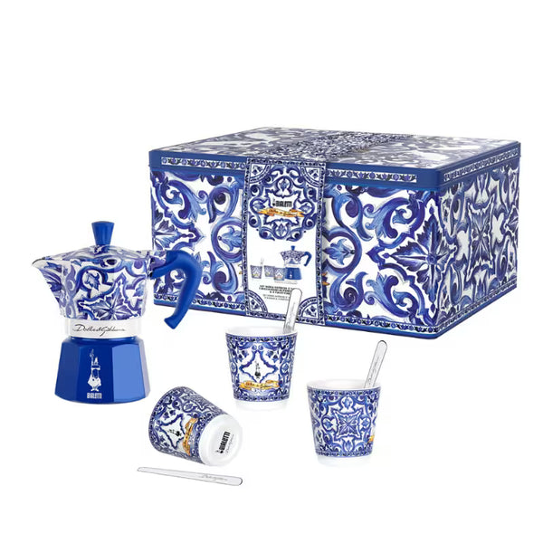 Set Bialetti x Dolce & Gabbana Blu: Moka 3 tazas, vasos y revolvedores