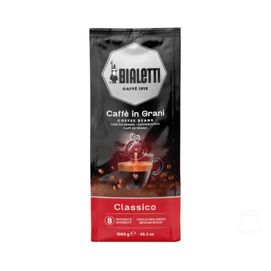 Bolsa de café Bialetti con logo y texto “Caffè in Grani”, variedad Classico, franja roja
