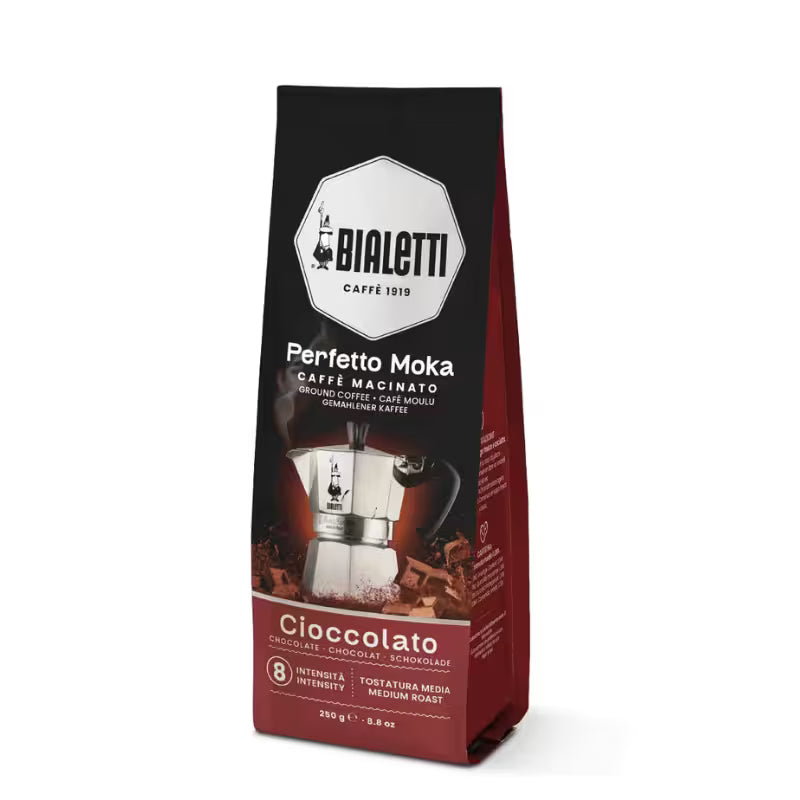 Bolsa de café molido Bialetti Perfetto Moka Cioccolato, 250 g, vista frontal.