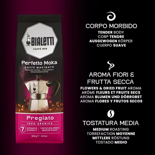 Perfil de Bialetti Perfetto Moka Pregiato con texto de aroma fiori & frutta