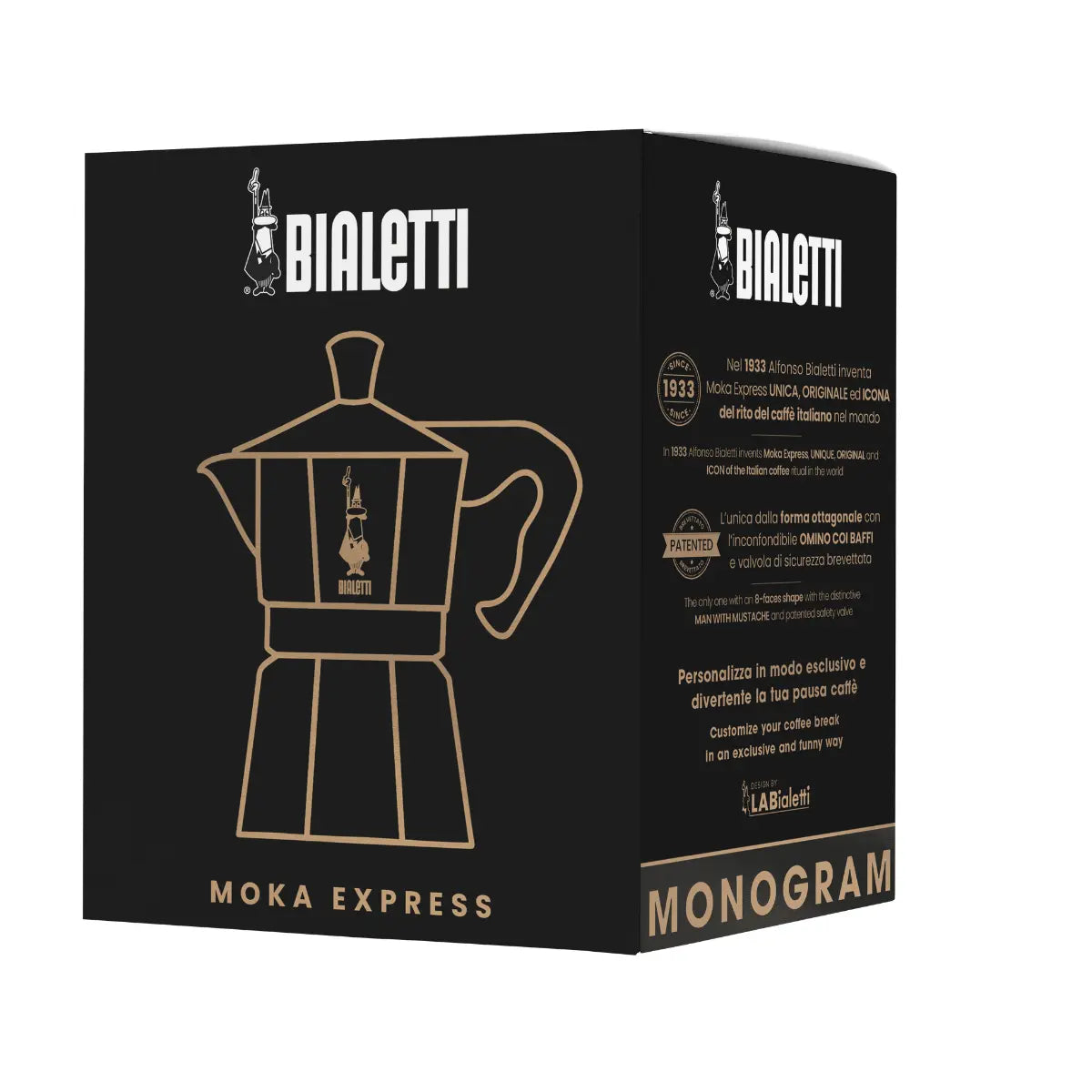 Caja de la cafetera Moka Express Monogram Bialetti, diseño de cafetera
