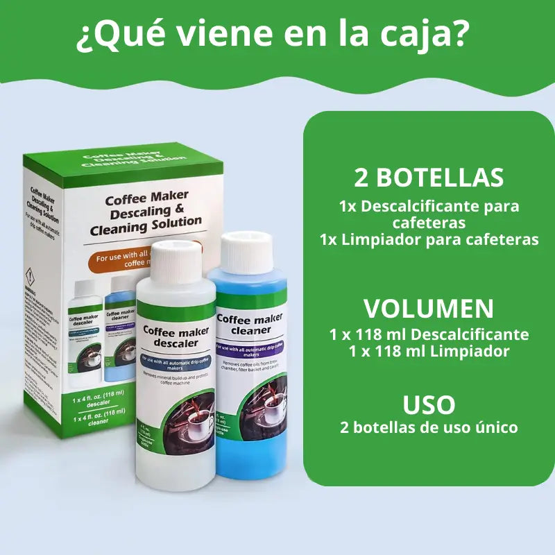 Kit de 2 botellas para descalcificar y limpiar cafeteras, con caja blanca y verde
