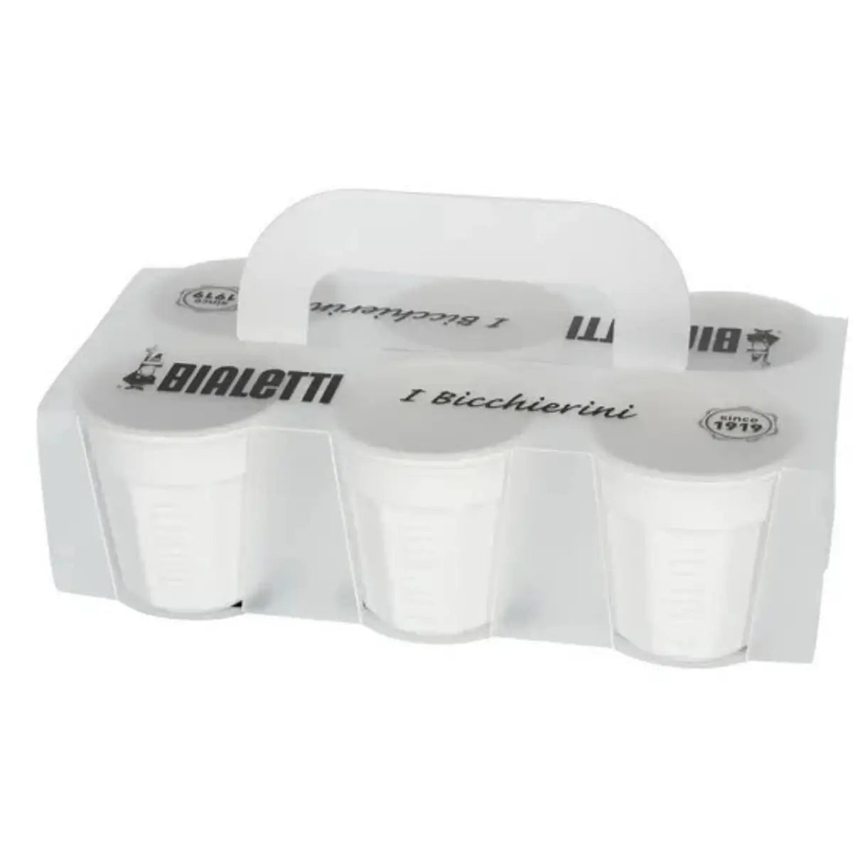 Set de 6 vasos de cerámica para espresso Bialetti en blanco, dentro de su caja.