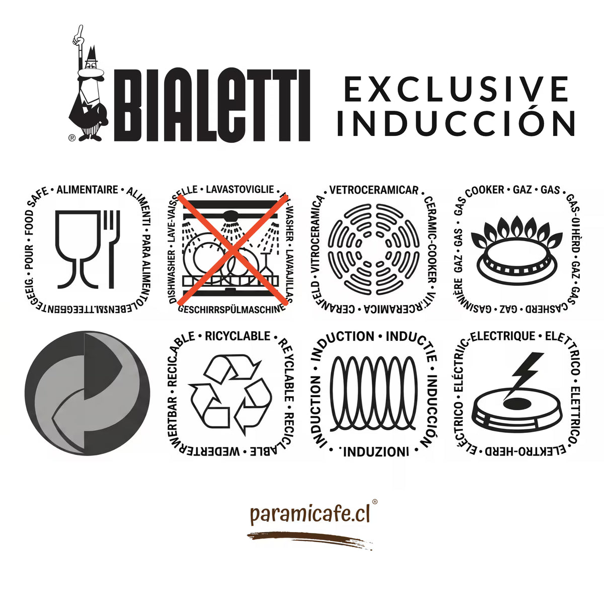 Cafetera italiana Bialetti para inducción, cuadro de símbolos de compatibilidad y cuidado