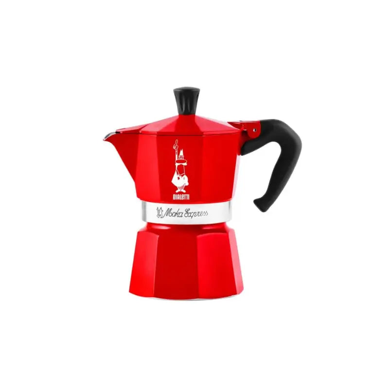 Cafetera de moka roja Bialetti con asa negra y base abombada