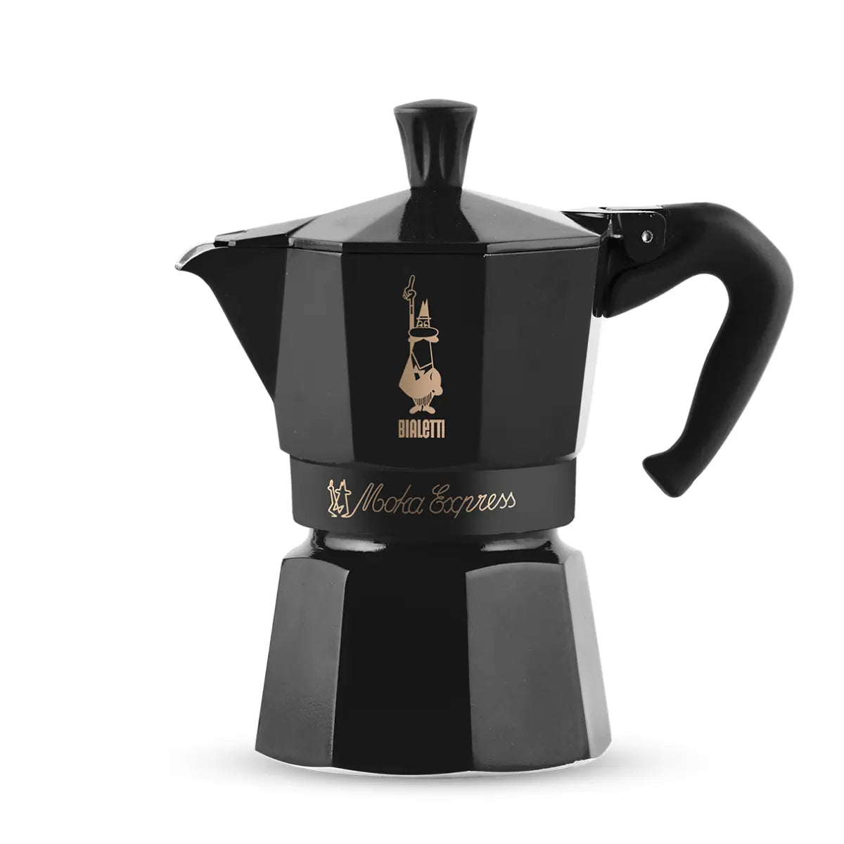 Cafetera moka Bialetti negra con asa lateral y logotipo, cuerpo de aluminio