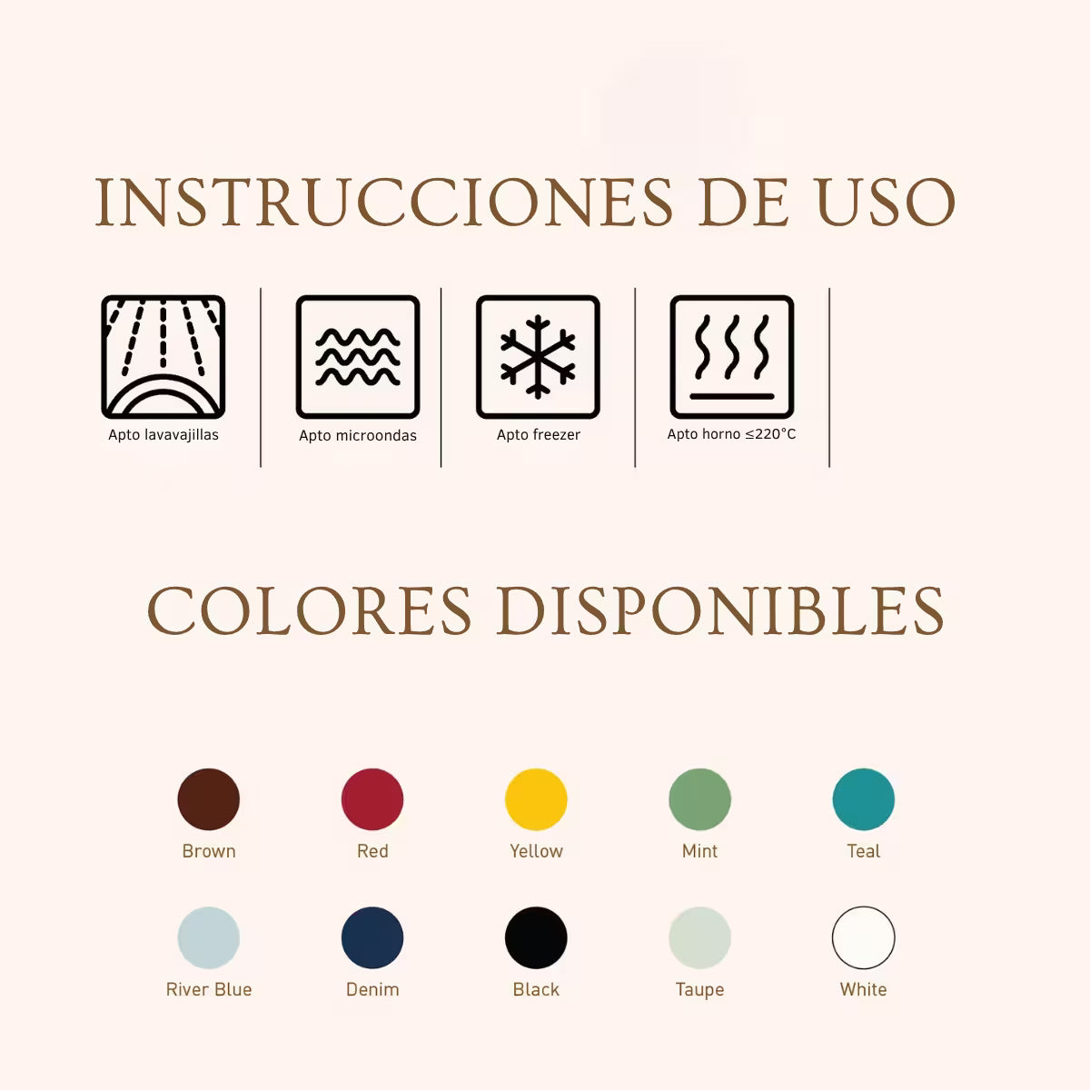Cartel de instrucciones y colores disponibles para taza y plato EGG de 250 ml